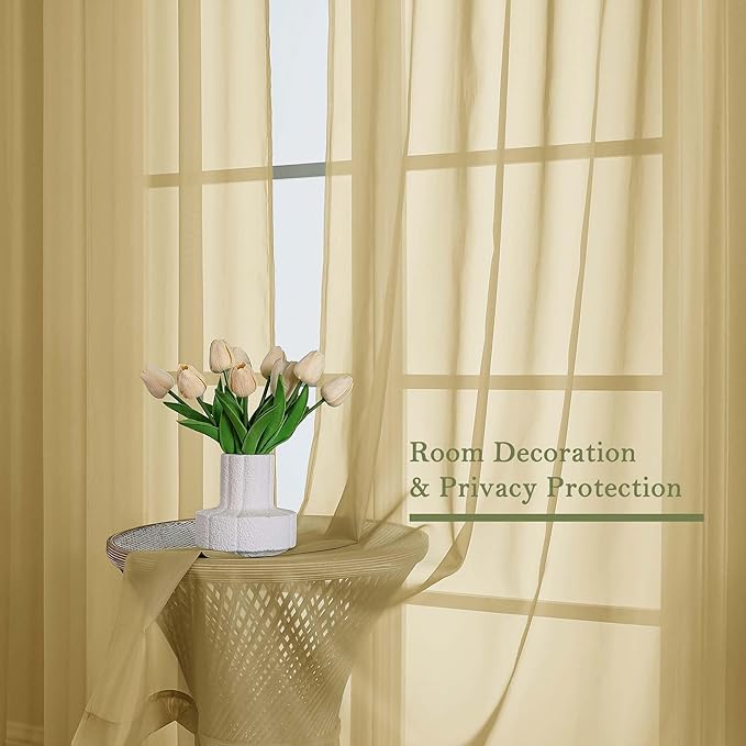 Lecloud Gold Sheer Curtains 90 Inches Long 2 Panels Set, Living Room Curtains - Image 7
