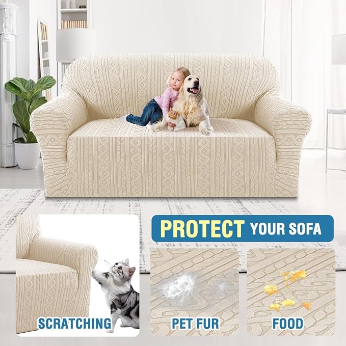 H.VERSAILTEX Sofa Cover 1 Piece Stretch Couch Covers for Sofa Anti-Slip Slip Covers for Sofas/Couches Soft Dogs Slipcovers Washable Upgrade Thick Jacquard Fabric with Spiral Pattern(58"-70", Ivory)