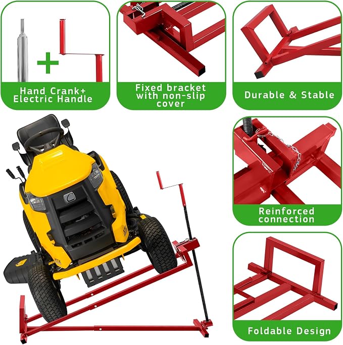Lawn Mower Lift Jack, TUNTENDO Lifting Platform 882 Lbs Capacity Telescopic Maintenance Jack for Garden Tractors & Riding Lawn Mower with Manual Handle & Power Tool Extension Handle (Red)