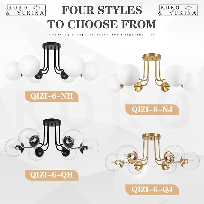 KoKo&Yukina 6-Light Modern Semi Flush Mount Ceiling Light Fixture Mid Century Ceiling Light Globe Ceiling Light with Clear Glass Shade Matte Black Finish for Bedroom Hallway Dining Room Living Room
