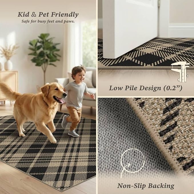 JTJ Vintage Easy Jute Rugs for Bedroom 5x7 - Diamond Patterned Woven Rug for Indoor Area, Living Room, Washable Low Pile Black and White Classic Decor