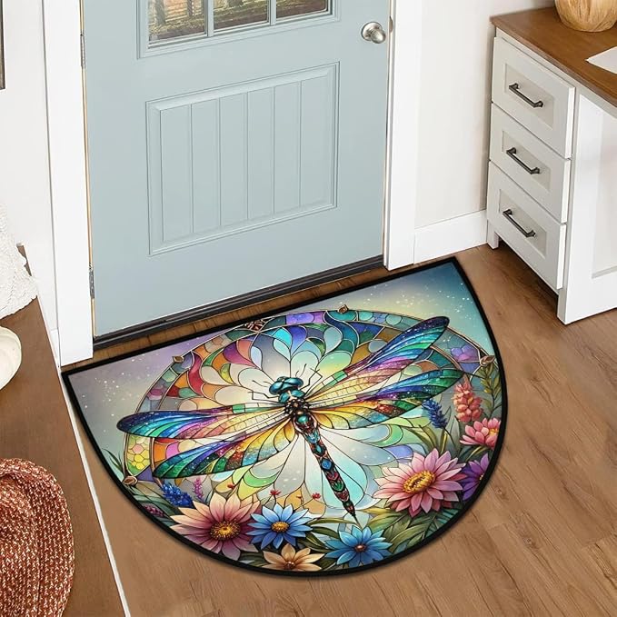 Half Round Door Mat Dragonfly Rainbow Animal Half Moon Rug Flower Glass Washable Half Circle Area Rugs Indoor Entrance Non Slip Semi Circle Bathroom Rugs Floor Carpet for Kithen Bedroom Decor