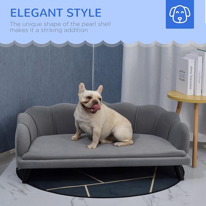 PawHut Velvet Large Dog Couch with Foam Cushion, Soft and Cute Dog Bed with Pearl Design, Dog Sofa for Big and Medium Dogs, Charcoal Gray