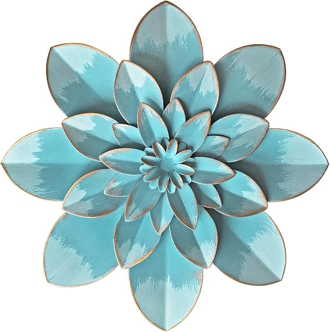 Metal Flower Wall Art Decor, 9.5" Light Sky Blue Floral Art | Rustic Modern Floral Sculpture,Distressed Hanging Home Decoration for Indoor Bedroom Living Room Office Outdoor Garden