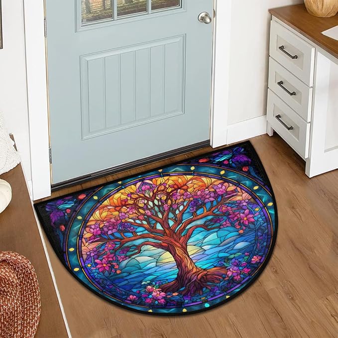 Tree of Life Half Round Door Mat Non Slip Half Circle Rugs | Art Rainbow Washable Half Moon Rug Semi Circle Rugs Indoor Entrance Floor Carpet for Kithen Bedroom Fireplace Decor