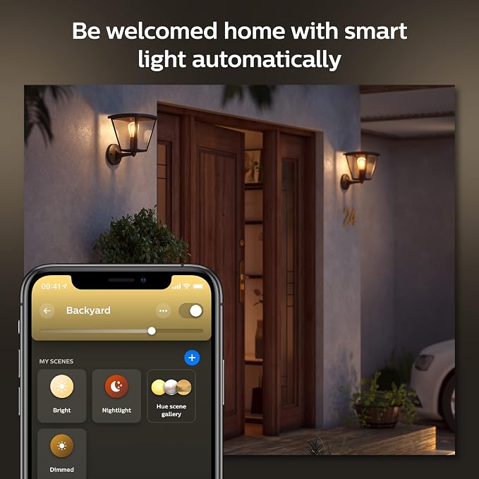 Philips Hue Inara Outdoor Smart Wall Light, Black - E26 White Filament LED Bulb - 1 Pack - Requires Hue Bridge - Control with Hue App and Voice - Weatherproof