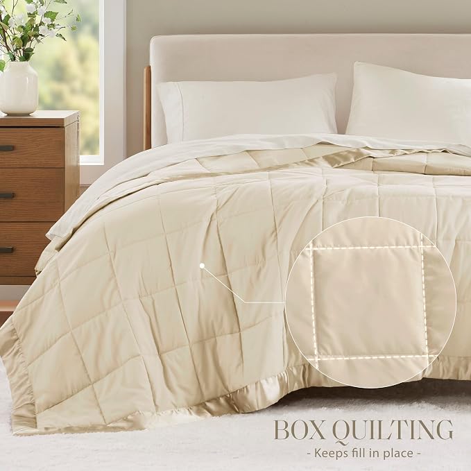 Madison Park Down Alternative Twin Size Blanket for Bed, Satin Trim, Cream | Lightweight Windom Blanket Premium 3M Scotchgard Moisture Wicking Treatment, OEKO TEX, Soft Bed Cover, All Season