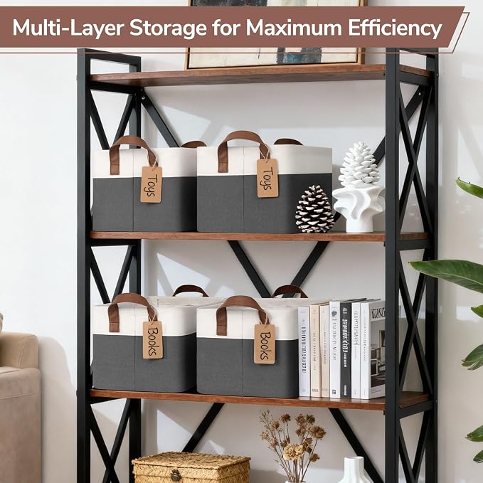 CHICVITA 4 Pack Fabric Storage Bins for Shelves, Gray & White | 14.8 × 10.3 × 8.3 in, Metal Frame, Leather Handles, Nursery & Living Room Organization, Toys, Clothes & Books Storage
