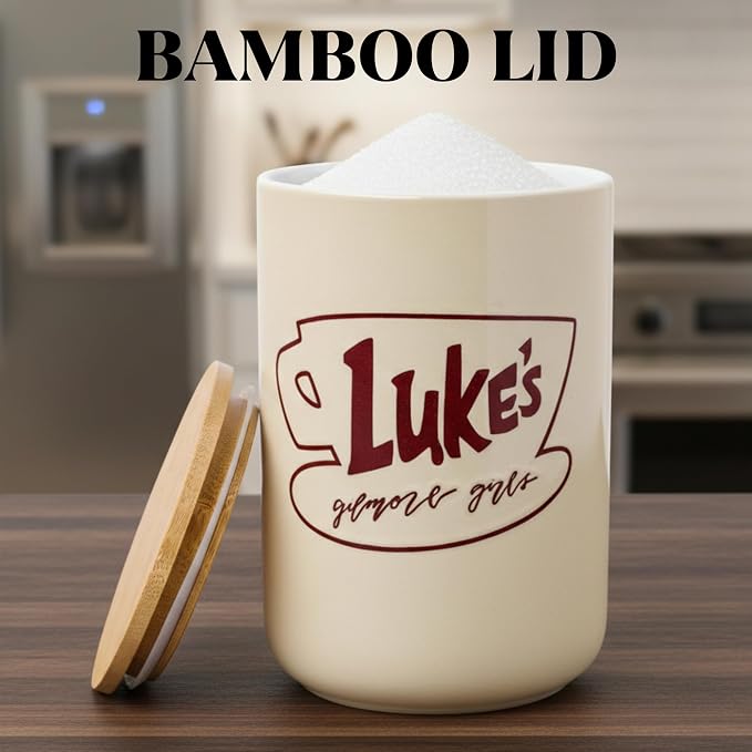 Silver Buffalo Gilmore Girls Wax Resist, Ceramic Cookie Jar, Bamboo Lid | Luke's Cafe Logo, 5 x 5 x 6.5 Inches