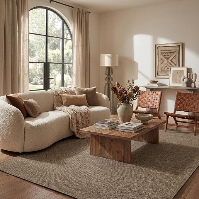 GarveeHome 9x12 Large Area Rug for Living Room Easy Jute Modern Rugs | Non Slip Low Pile Neutral Bordered Solid Tan Dining Room Rugs Washable Carpet for Bedroom Home Office Decor, Brown