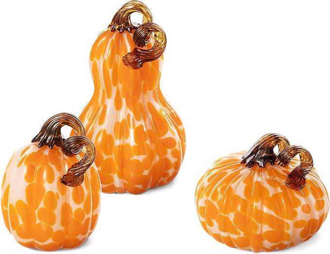 Glitzhome Set of 3 Hand Blown Glitter Glass Pumpkins - Fall Decor for Halloween & Thanksgiving Handmade Table Accent Harvest Home Decor, Orange Dots