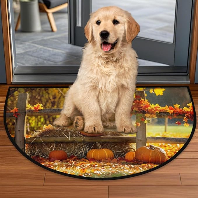 Farm Pumpkin Half Round Door Mat Semi Moon Rug Fireplace Carpet Area Rugs | Fall Farm Pumpkin Non Slip Absorbent Half Circle Mat Carpet for Indoor Outdoor Patio Kitchen Bathroom Entryway Home Decor