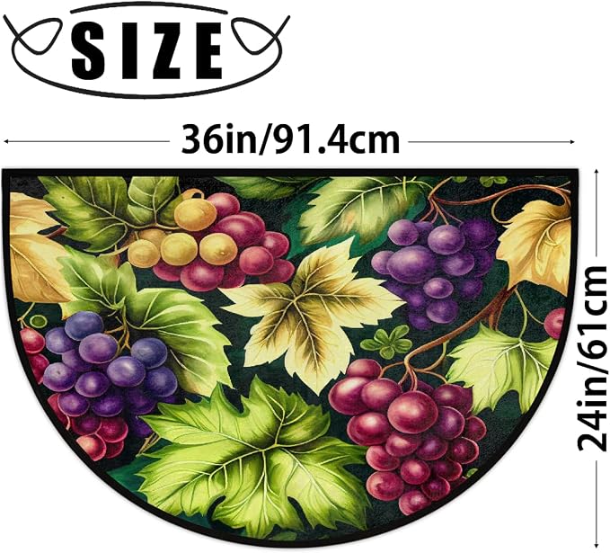 Grape Half Round Doormat Non-Slip Semi Circle Rug Half Moon Mat | Color Fruit Leaves Washable Soft Absorbent Indoor Outdoor Entrance Kitchen Bathroom Sink Patio Welcome Fireplace Floor Rug