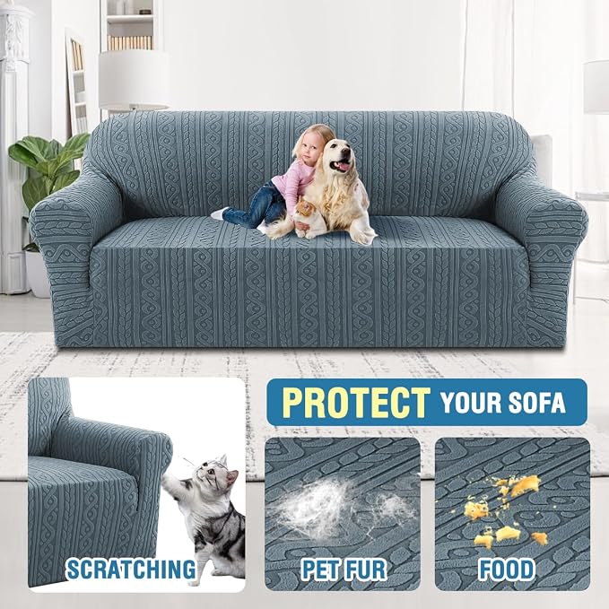 H.VERSAILTEX Stretch Sofa Slipcovers Soft Sofa Covers Washable 1 Piece Sofa Covers with Elastic Bottom for Kids,Dog Upgrade Thick Jacquard Fabric with Spiral Pattern(75"-85", Stone Blue)