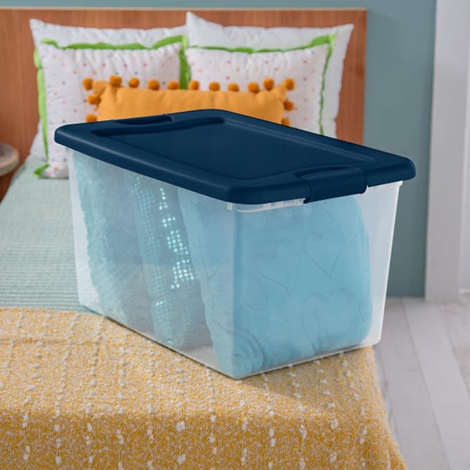 Sterilite Color Program, Large Clear Plastic Storage, 64 Quart, 24-Pack | Clear Bins with Blue Lids - Stackable Organizing Container Boxes for Closet, Bathroom, and Office