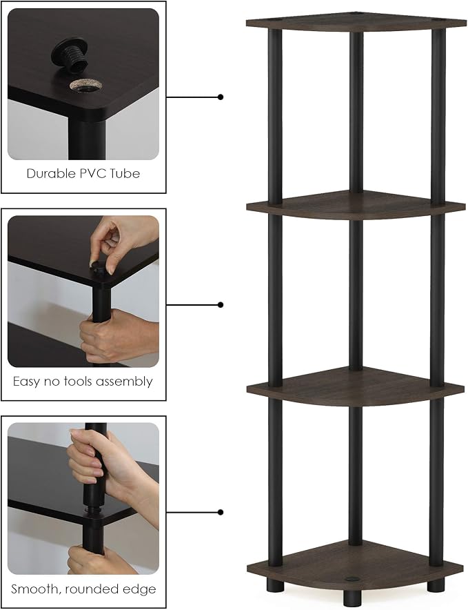 Furinno TURN-N-TUBE Corner Shelf, 4-Tier Corner Bookshelf, Display Storage Shelves with Open Shelves, for Organization and Storage, Living Room, Home Office, Garage, Dark Brown Grain