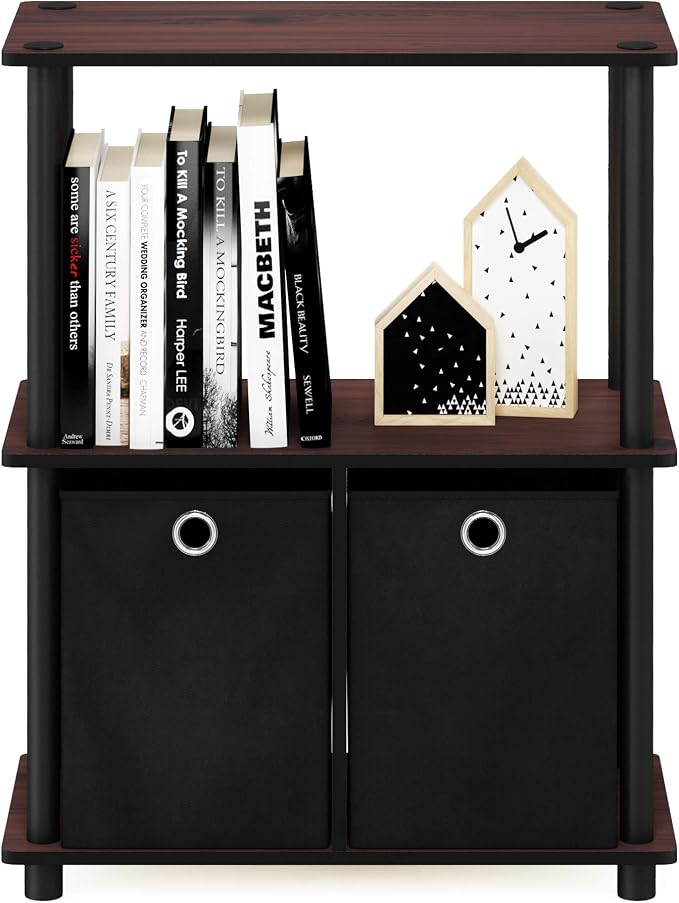 Furinno TURN-N-TUBE Storage Shelves Set of 2, 3-Tier Toolless Book Shelf with Storage Bins, Display Shelf, for Organization and Storage, Living Room, Garage, Home Office, Dark Cherry