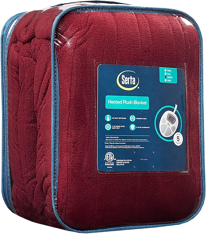 Serta Heated Blanket Full - Reversible Fleece Heating Blanket, Berry Red | Dual-Layer Heated Throw Blanket With 5 Heat Settings & Auto Shut Off, Machine Washable, ETL Certified
