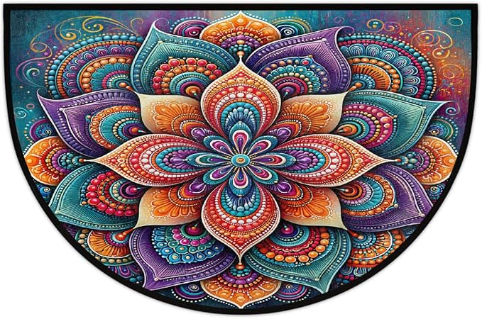 Lotu Half Round Door Mat Semi Moon Rug Fireplace Carpet Area Rugs | Abstract Mandala Non Slip Absorbent Half Circle Mat Carpet for Indoor Outdoor Patio Kitchen Bathroom Entryway Home Decor