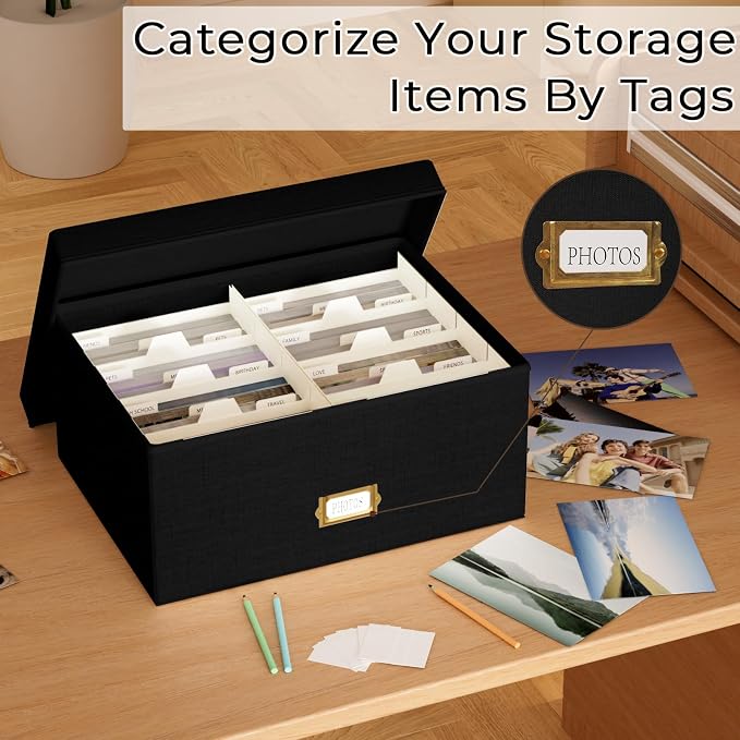 Decorative Photo Storage Box, Linen Photo Box Holds 1700 5x7 Pictures Black | Photo Storage Containers with 8 Dividers, Memory Keepsake Organizer for Photos, Scrapbook Supplies, Cards, Stamps,Archive Box