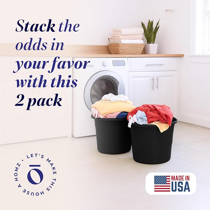 Homz 2 Pack of 17 Gallon Storage Buckets, Durable Plastic Containers, Sturdy Rope Handles, Large Tubs for Sports Equipment, Party Cooler, Gardening, Toys and Laundry, Black