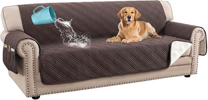 H.VERSAILTEX 100% Waterproof Sofa Covers for 3 Cushion Couch Modern Sofa Cover for Dogs XL Couch Covers for Oversized Sofa with Elastic Straps (Oversized Sofa,Chocolate/Beige)