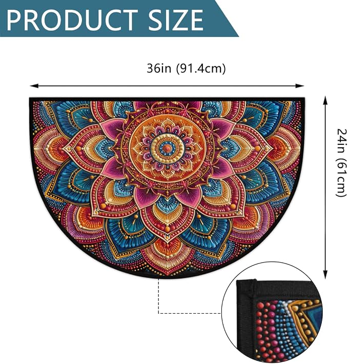 Mandala Half Round Door Mat Semi Circle Rug Half Moon Doormat | Soft Washable Colorful Geometric Welcome Entrance Mat for Outdoor Indoor Floor Bedroom Bathroom Home Kitchen Festival Decor