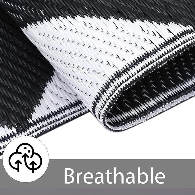GarveeLife 8x10 Outdoor Rug for Patio Reversible, Plastic Straw Rug Waterproof Camping Rug Portable, Foldable Lightweight Mat for RV, Patio, Backyard, Deck, Picnic, Beach, Balcony (Black/White)