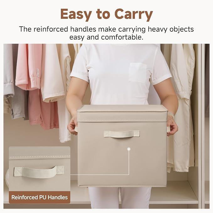 StorageWorks Storage Bins with Lid, Decorative Fabric Storage Bins with Handles, Stackable Closet Organizers for Shelves and Bedroom, Large, Light Brown, 2-Pack