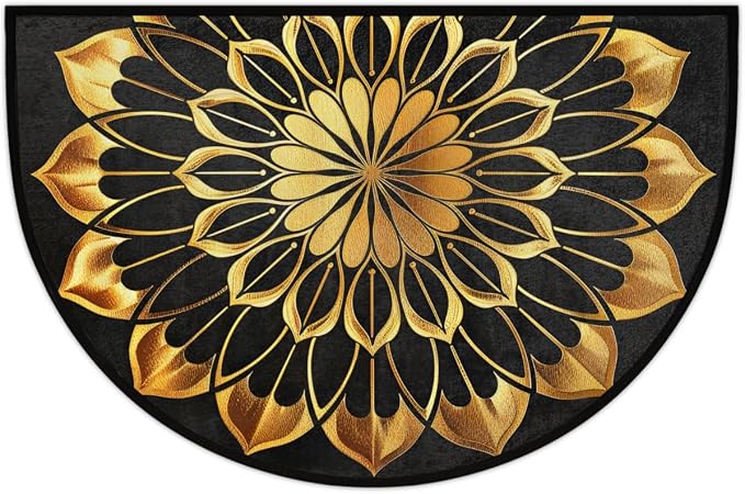 Gold Mandala Half Round Door Mat Non Slip Half Circle Rugs | Ethnic Flower Washable Half Moon Rug Semi Circle Rugs Indoor Entrance Floor Carpet for Kithen Bedroom Fireplace Decor