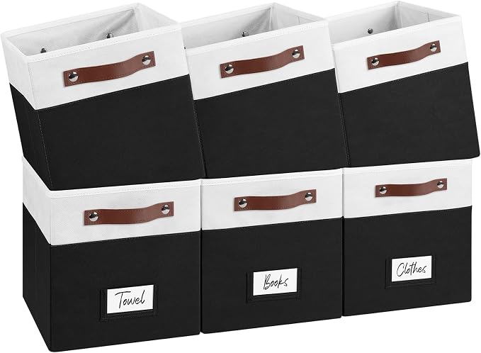 FinishingBo 10.5" x 11" Storage Bins with Labels 6 Pack | PU Leather Handles, Foldable Storage Cubes, Storage Baskets, Closet Storage, White/Black