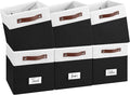 FinishingBo 10.5" x 11" Storage Bins with Labels 6 Pack | PU Leather Handles, Foldable Storage Cubes, Storage Baskets, Closet Storage, White/Black
