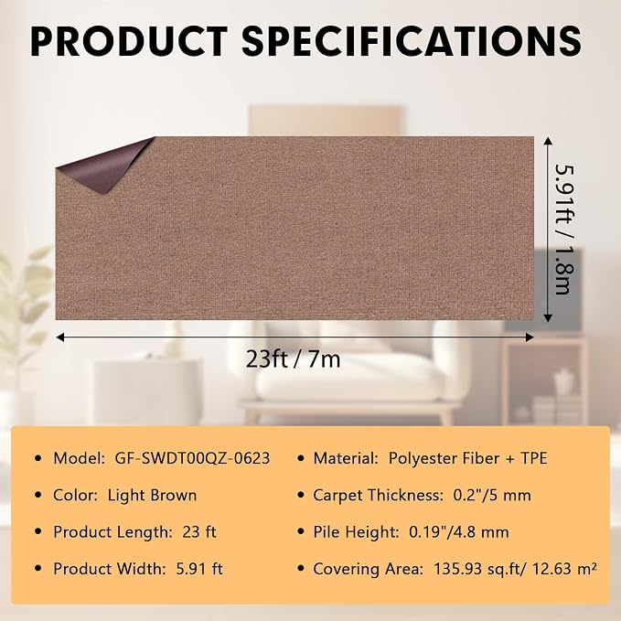 Grefinity Marine Carpet,6 FT x 23 FT Light Brown Indoor Outdoor Carpet 0.2" Thick Boat Rug with Water-Proof TPE Backing for Home, Patio, Porch, Deck