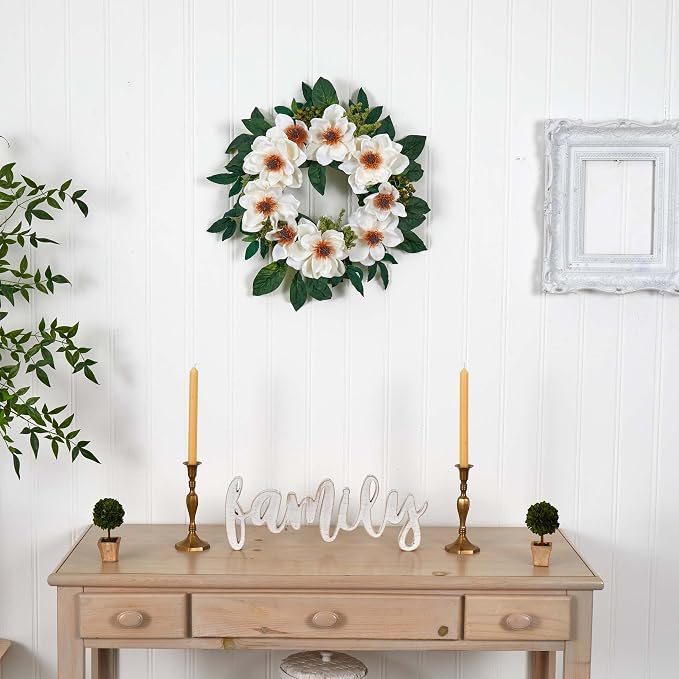 Nearly Natural 4793 22in. Magnolia Wreath,White | Billowy White Blooms with Berries and Buds, Premium Quality Craftsmanship, Perfect for Wall Accent and Door Styling
