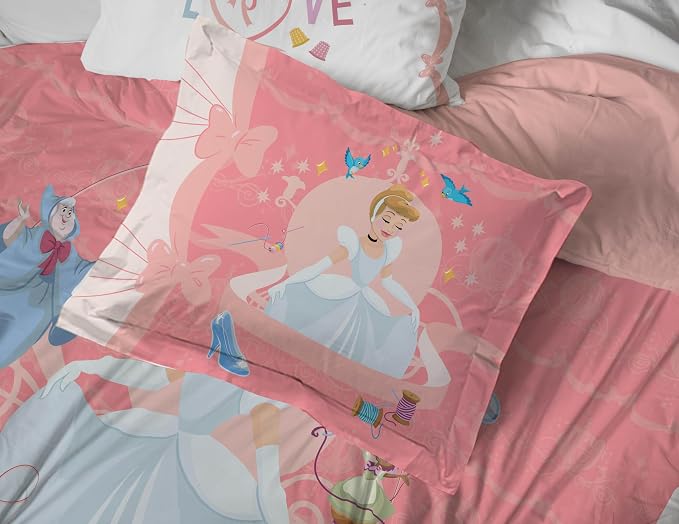Disney Princess Cinderella Queen Comforter Set 7 Piece Kids Bedding, Pink | Bed in a Bag, Comforter Sheets Shams Pillowcases, Official Brand, Soft Microfiber, Machine Washable, Girls Gift