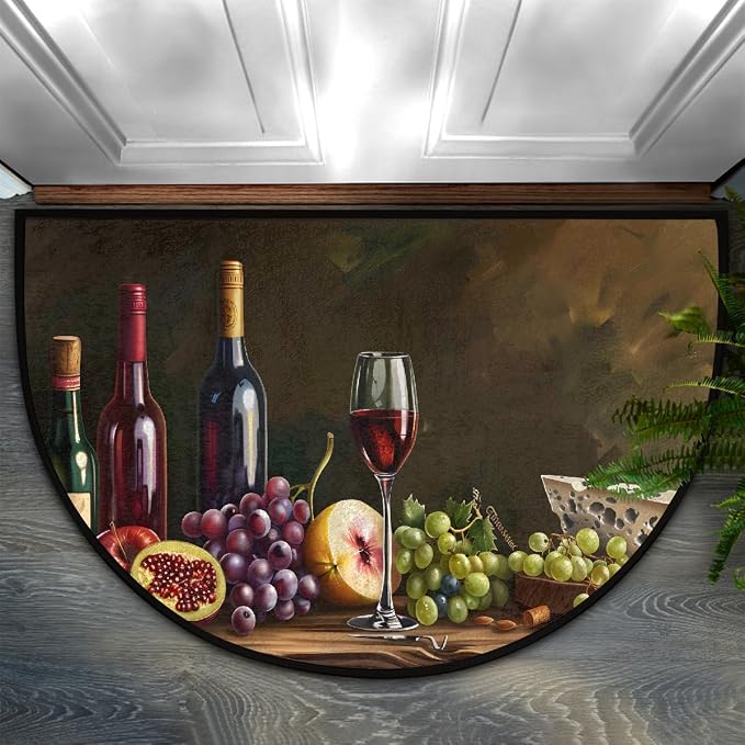 Wine Half Round Doormat Non-Slip Semi Circle Rug Half Moon Mat | Kitchen Grape Cheese Washable Soft Absorbent Indoor Outdoor Entrance Kitchen Bathroom Sink Patio Welcome Fireplace Floor Rug