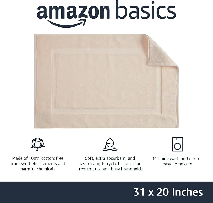 Amazon Basics Banded Bathroom Bath Rug Mat, Machine Washable, Super Absorbent, 100% Cotton, 20" W x 31" L, Cream (Pack of 2)