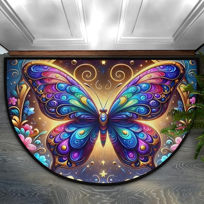 Colorful Butterfly Flowers Half Round Mat Half Moon Door Rug Washable Durable Semi Circle Carpet Floor mats for Indoor Outdoor Bathroom Kitchen Patio Hearth Rug Laundry Room Home Decoration