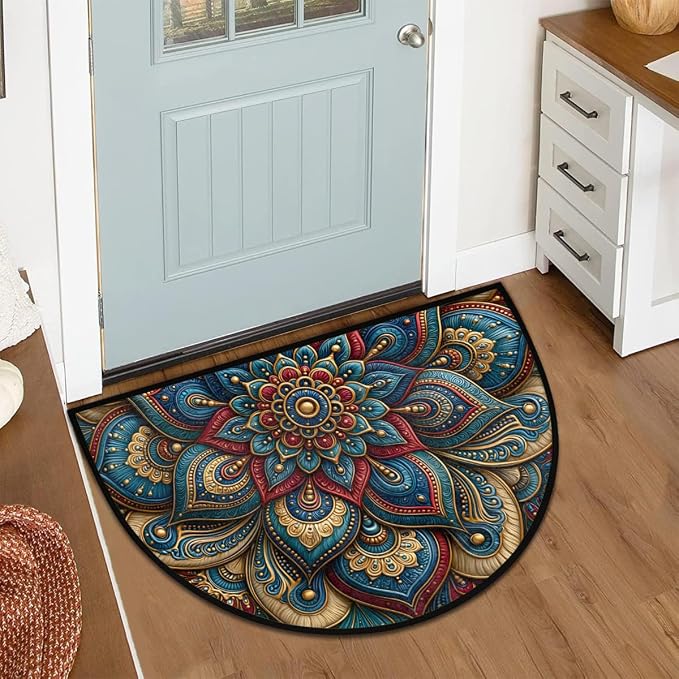 Mandala Half Round Door Mat Semi Circle Rug Half Moon Doormat | Soft Washable Blue Gold Welcome Entrance Mat for Outdoor Indoor Floor Bedroom Bathroom Home Kitchen Festival Decor