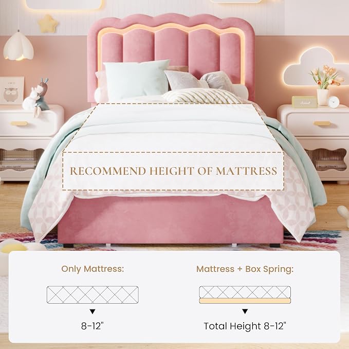 SHA CERLIN Twin Size Bed Frame with LED Lights and Storage Drawer, Pink | Upholstered Velvet Platform Bed with Adjuatable Wavy Headboard, Noise-Free, Easy Assembly,No Box Spring Needed