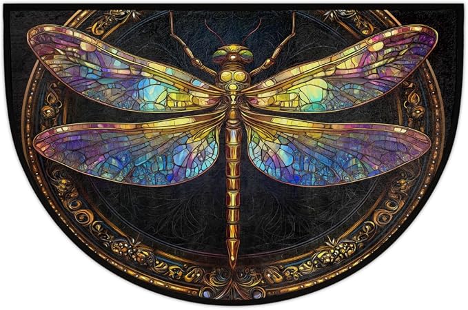 Pardick Half Round Doormat Gold Animal Dragonfly Semi Circle Rug Non Slip Indoor Outdoor Entrance Half Moon Rug Washable Front Floor Mat for Kitchen Bathroom Patio Fireplace Holiday Decor