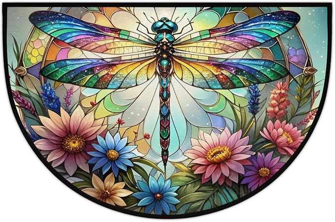 Pardick Half Round Doormat Glass Dragonfly Flower Semi Circle Rug Non Slip Indoor Outdoor Entrance Half Moon Rug Washable Front Floor Mat for Kitchen Bathroom Patio Fireplace Holiday Decor