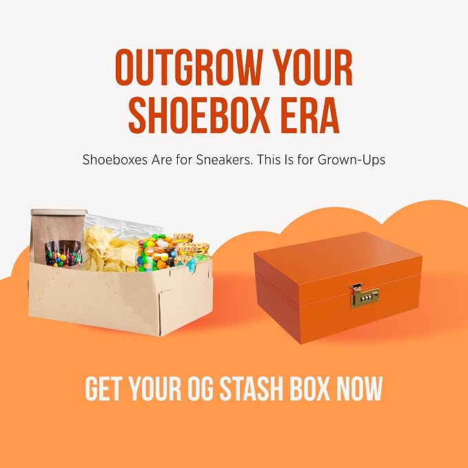 HASHSTASH The OG Storage Box - Large Bamboo Box with Combination Lock, Magnetic Lid, Organizer Tray, Airtight Tube and 3 Jars - Discreet Decorative Locking Wooden Box with Accessories (Neon Orange)