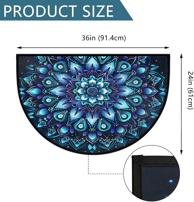 Half Round Door Mat Mandala Ethnic Flower Half Moon Rug Ethnic Mandala Washable Half Circle Area Rugs Indoor Entrance Non Slip Semi Circle Bathroom Rugs Floor Carpet for Kithen Bedroom Fireplace Decor