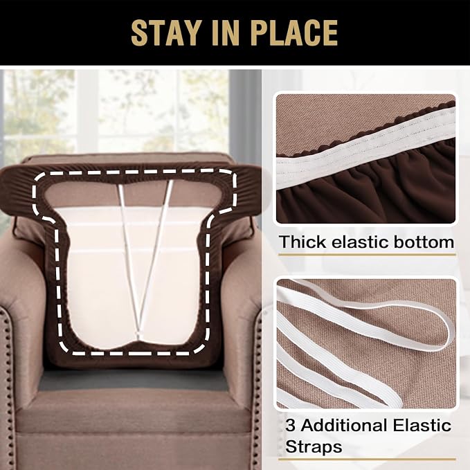 H.VERSAILTEX Stretch Velvet T Cushion Chair Covers for Living Room Armchair Sofa Cover Couch Cover Slipcover T Cushion Seat Cover Stay with Elastic Bands(Armchair, Brown)