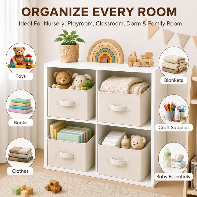 Yinder Cube Storage Bin Storage Bins for Room Decor Colorful Bins Foldable Baskets for Nursery Organizer Boxes Fabric Boxes(14''x10''x8'',Beige,4 Pcs)
