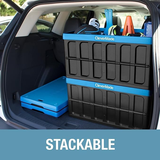 CleverMade Collapsible Storage Bins with Lids, 62L, 3 Pack, Obsidian | Large-capacity bins support 100 lb and stack securely. The lid stores underneath, and each crate folds to 2.5 inches.