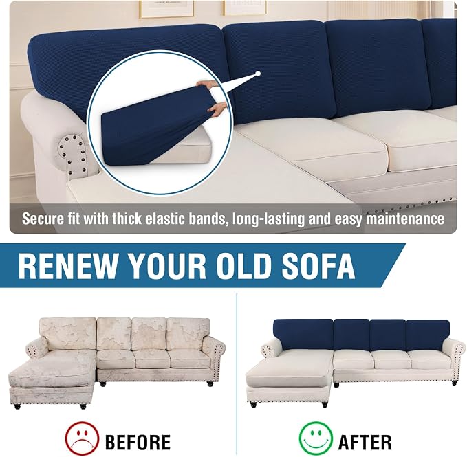 H.VERSAILTEX Backrest Cushion Covers Sectional Couch Back Cushion Covers for Sectional Sofa Set for Both Left/Right Couch (Back Only: 1 Chaise + 3 Sofa, Navy)