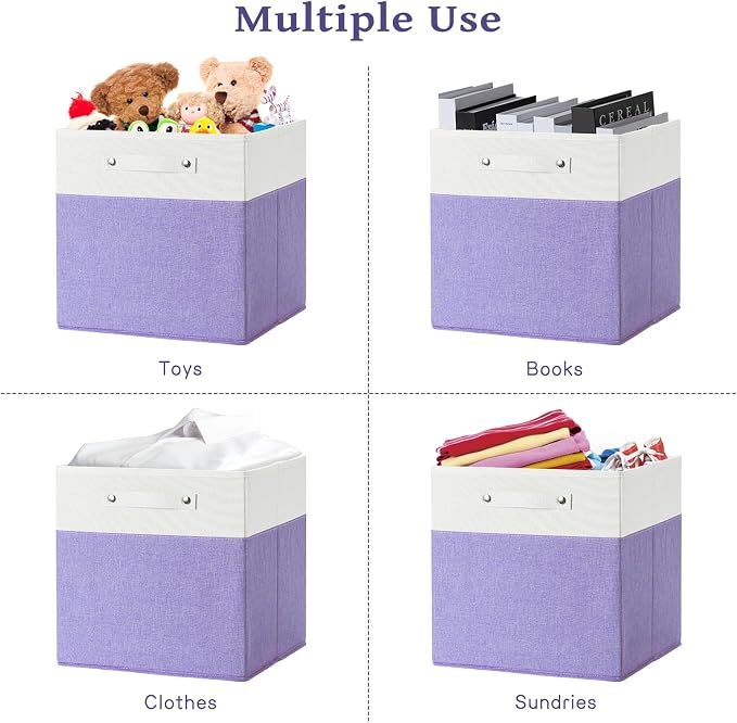 FinishingBo 13x13x13 Storage Cube Bins 4 Pack, Cube Shelf Baskets | Foldable Storage Cubes, Linen Storage Bins with Handles, Closet Organizers, White/Purple