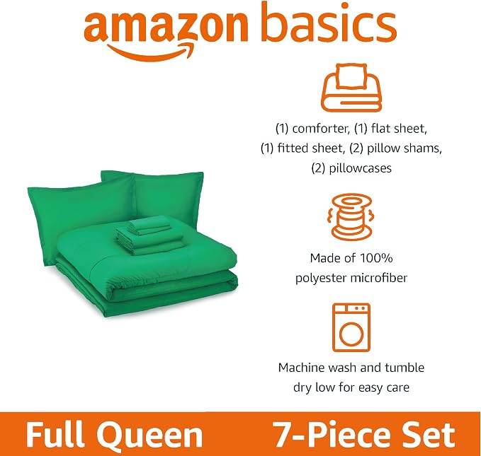 Amazon Basics 7-Piece Soft, All-Season Microfiber Kid's Bed-in-a-Bag Bedding Set with Comforter, Sheets, Pillow Shams and Pillowcases, Full/Queen, Solid Green